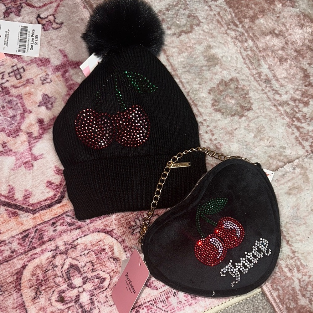 Juicy Couture Black Beanie and Heart Purse with Cherry Design